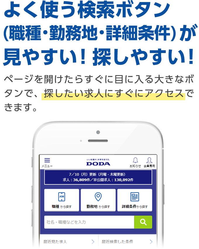 よく使う検索ボタン(職種・勤務地・詳細条件) が見やすい！探しやすい！ ページを開けたらすぐに目に入る大きなボタンで、探したい求人にすぐにアクセスできます。