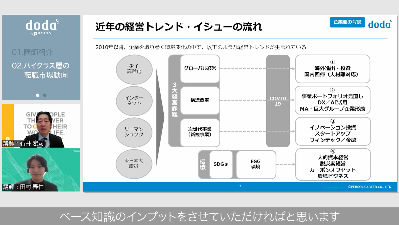 動画内の１シーン／『近年の経営トレード・イシューの流れ』というタイトルのスライドが映し出されている／左下には解説中の講師の顔／字幕「ベース知識のインプットをさせていただければと思います」