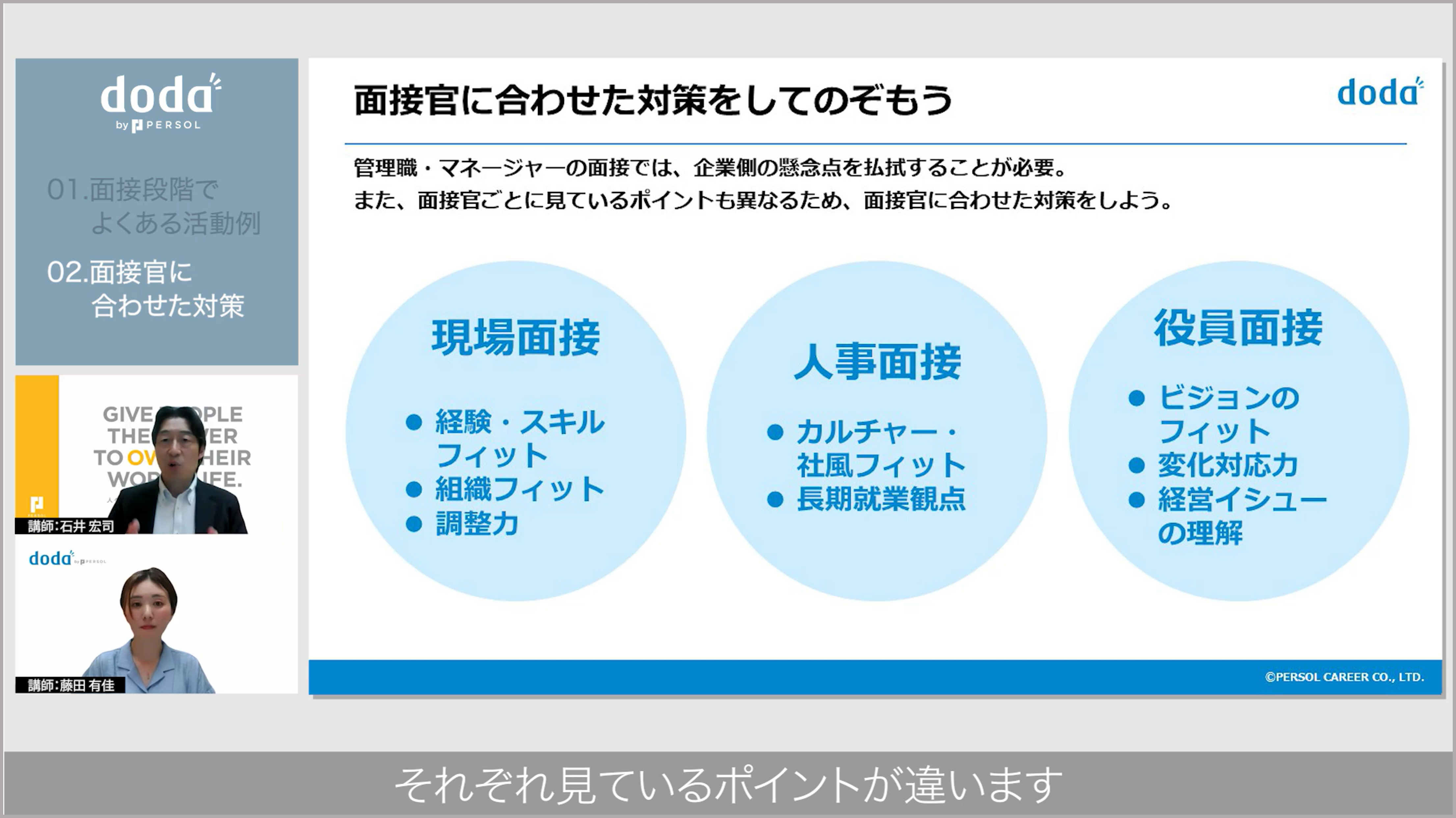 動画内の1シーン/「面接官に合わせた対策をしてのぞもう」というタイトルのスライドが映し出されている/左下には解説中の講師の顔/字幕「それぞれ見ているポイントが違います」