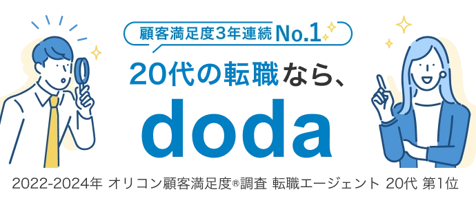 dodaエージェントサービスは、2022-24年のオリコン顧客満足度(R)調査 転職エージェント 20代ランキングで第1位となりました。20代の転職にdodaがおすすめです