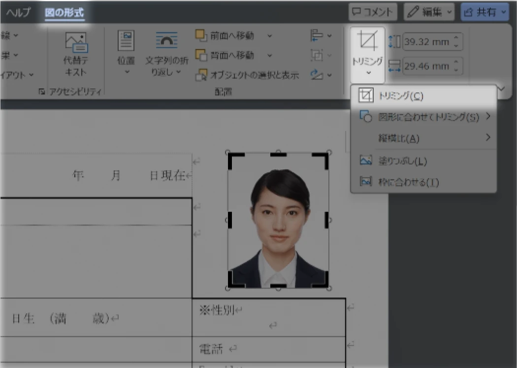 Word履歴書の正しい貼りつけ手順3