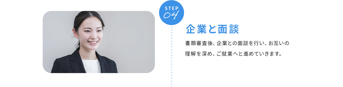 STEP04 企業と面談 書類審査後、企業との面談を行い、お互いの理解を深め、ご就業へと進めていきます。