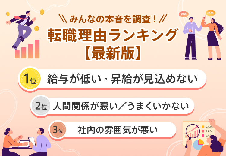 転職理由ランキング【最新版】 1位：給与が低い・昇給が見込めない、2位：人間関係が悪い／うまくいかない、3位：社内の雰囲気が悪い