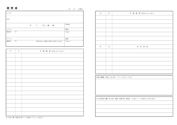 証明写真欄がない履歴書テンプレートのサンプル画像。氏名や連絡先などの基本情報欄と学歴・職歴欄、免許・資格欄、志望動機・自己PR欄、本人希望記入欄が整理され、写真貼付位置がないフォーマット。