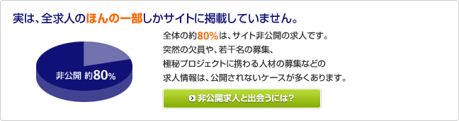 実は、全求人のほんの一部しかサイトに掲載していません。 全体の約80%は、サイトに非公開の求人です。突然の欠員や、若干名の募集、極秘プロジェクトに携わる人材の募集などの求人情報は、公開されないケースが多くあります。