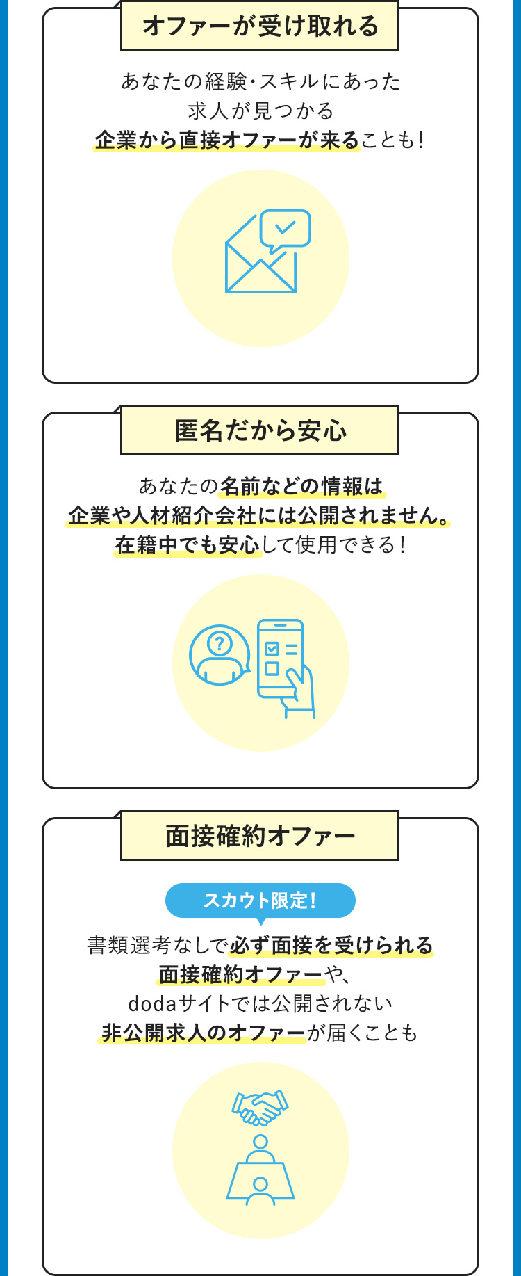 「オファーが受け取れる」「匿名だから安心」「面接確約オファー」
