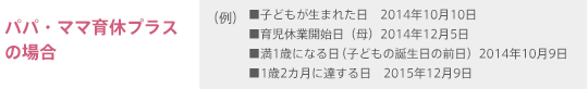 パパ・ママ育休プラスの場合 (例)■子どもが生まれた日 2014年10月10日 ■育児休業開始日(母)2014年12月5日 ■満1歳になる日(子どもの誕生日の前日)2014年10月9日 ■1歳2カ月に達する日 2015年12月9日