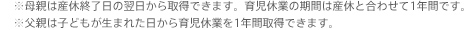 ※母親は産休終了日の翌日から取得できます。育児休業の期間は産休と合わせて1年間です。※父親は子どもが生まれた日から育児休業を1年間取得できます。